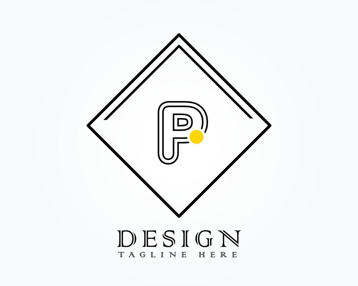modelo de design de logotipo com a letra p do alfabeto em uma caixa com marcas arredondadas amarelas vetor