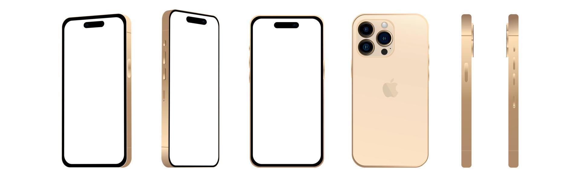 conjunto de 6 pcs ângulos diferentes, modelos dourados pro smartphone apple iphone 14, nova indústria de ti, maquete para web design em um fundo branco - vetor