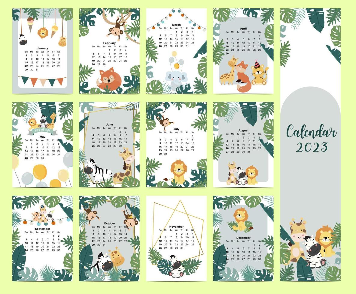 calendário animal doodle safari definido 2020 com girafa, raposa, leão, macaco para crianças vetor