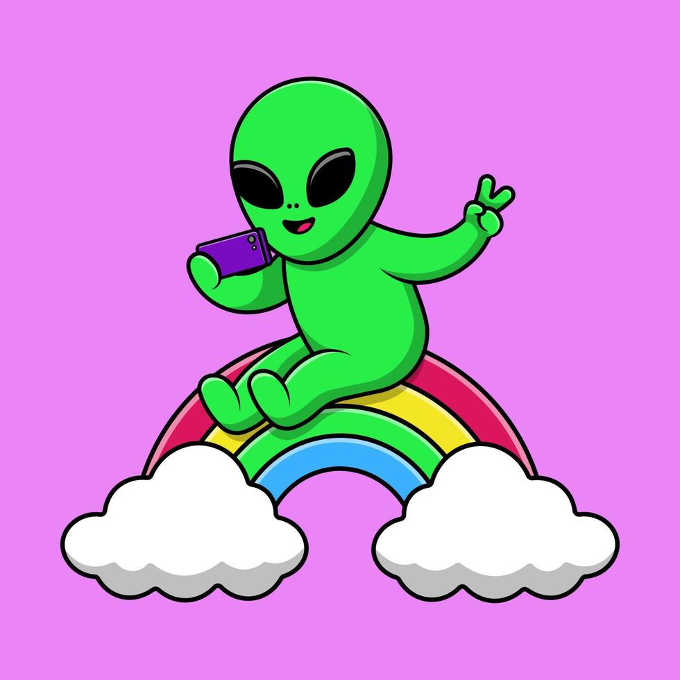 selfie alienígena fofa com telefone na ilustração do ícone do vetor dos desenhos animados do arco-íris. conceito de desenho animado plano