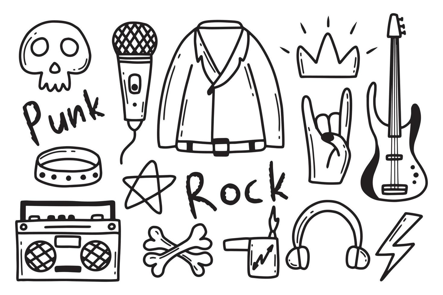 rock n roll, conjunto de doodle de música punk. grafite, adesivo desenhado à mão de tatuagem, texto, caveira, coração, skate, mão de gesto. ilustração em vetor grunge rock.