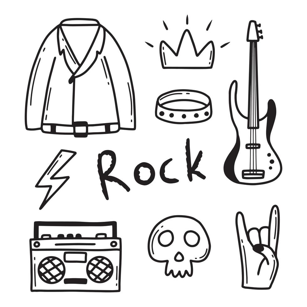 rock n roll, conjunto de doodle de música punk. grafite, adesivo desenhado à mão de tatuagem, texto, caveira, coração, skate, mão de gesto. ilustração em vetor grunge rock.