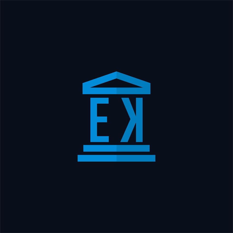 ek monograma de logotipo inicial com vetor de design de ícone de construção de tribunal simples