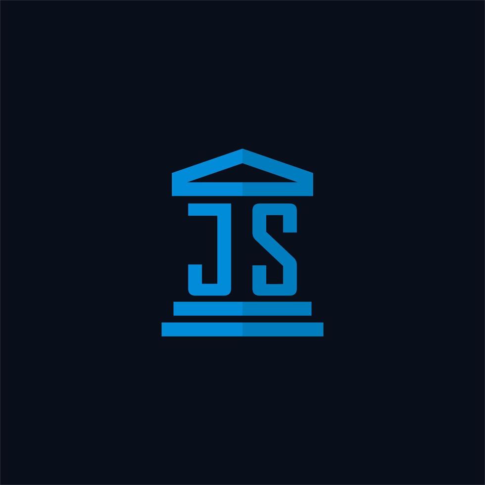 js monograma de logotipo inicial com vetor de design de ícone de construção de tribunal simples