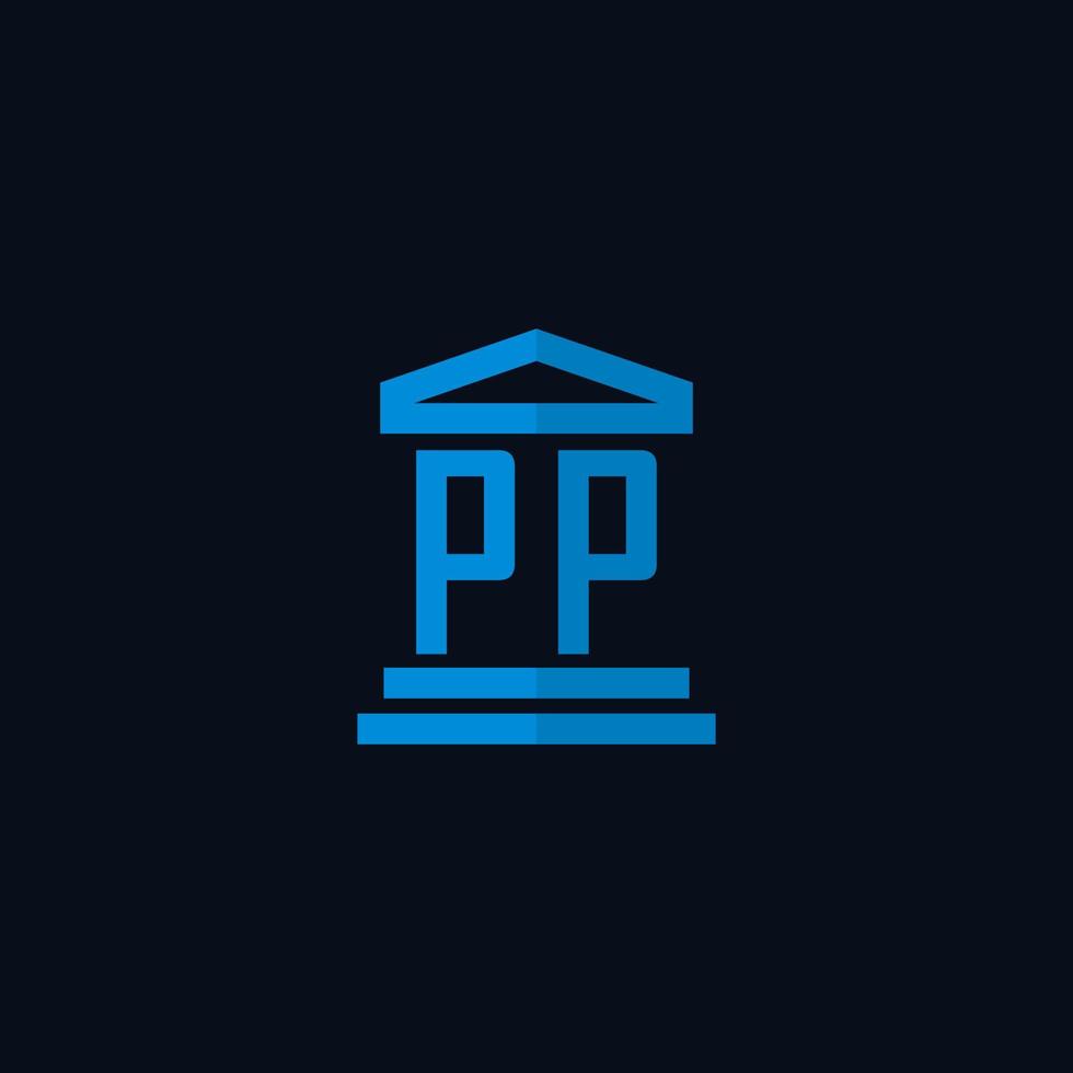 pp monograma de logotipo inicial com vetor de design de ícone de construção de tribunal simples