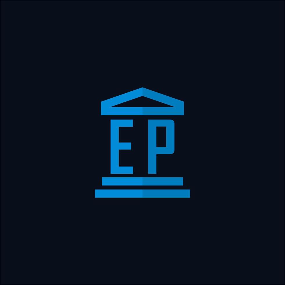 monograma de logotipo inicial ep com vetor de design de ícone de construção de tribunal simples