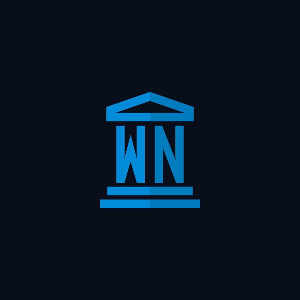 wn monograma de logotipo inicial com vetor de design de ícone de construção de tribunal simples