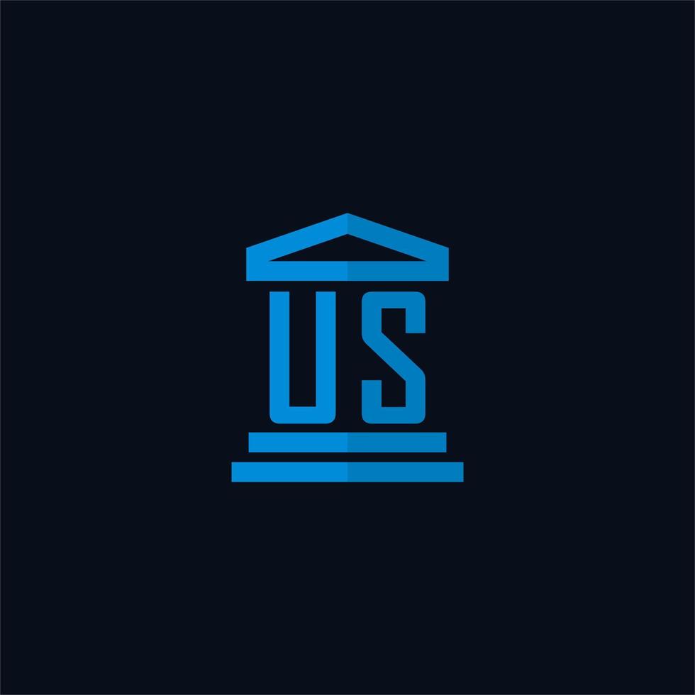 nós monograma de logotipo inicial com vetor de design de ícone de construção de tribunal simples