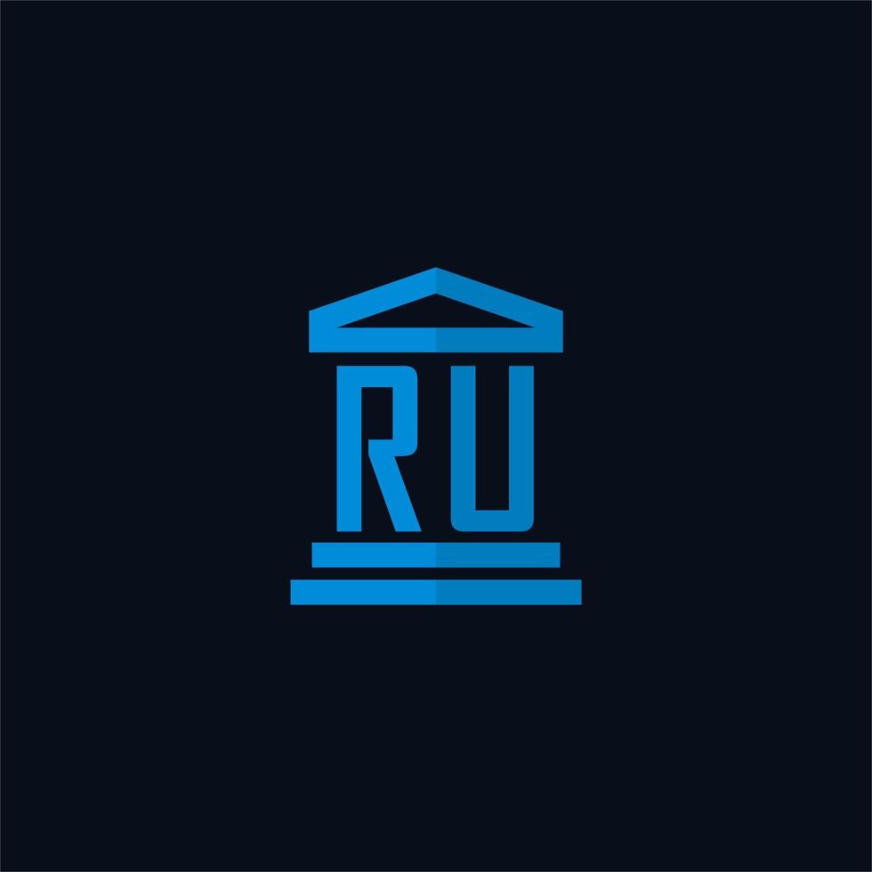 ru monograma de logotipo inicial com vetor de design de ícone de construção de tribunal simples