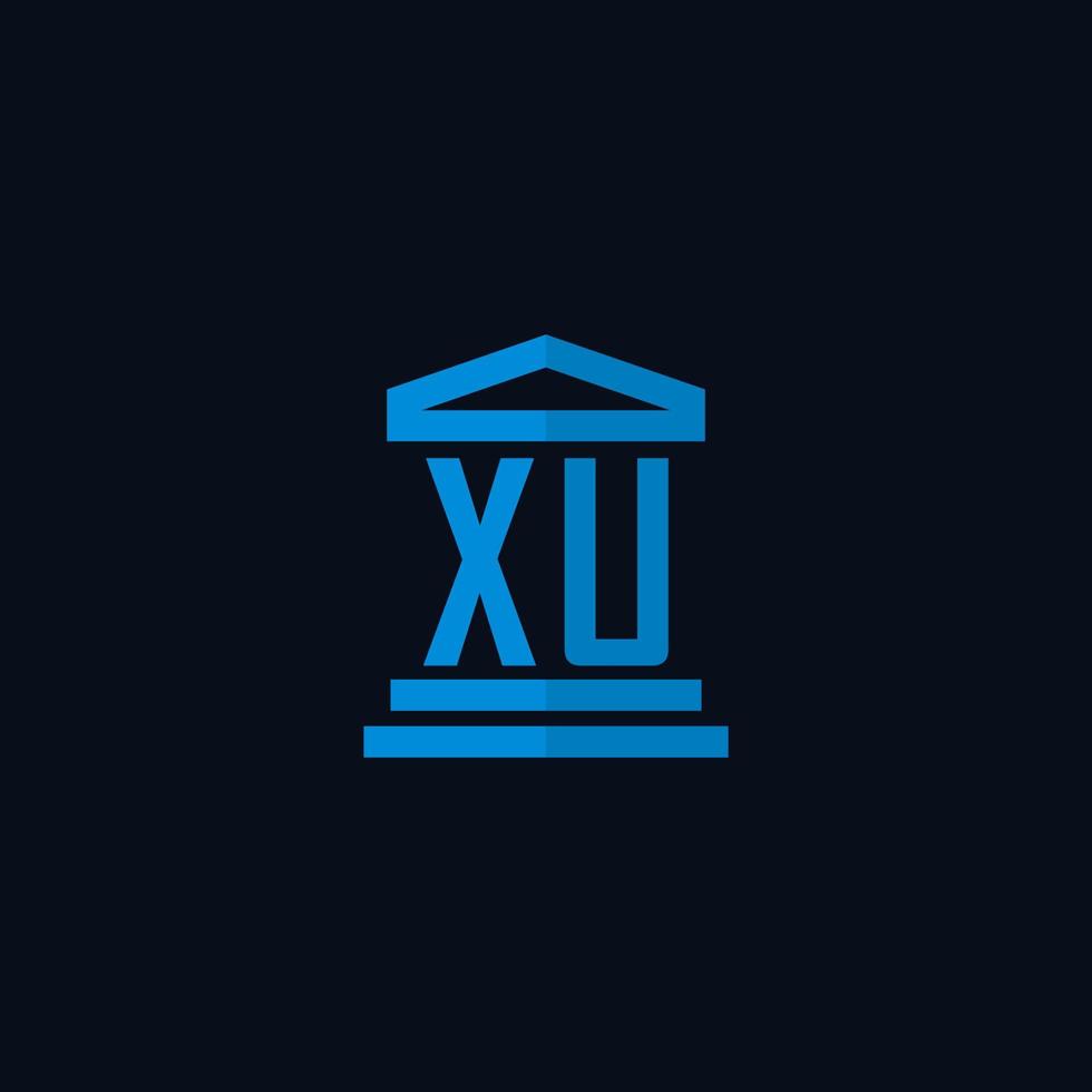 xu monograma de logotipo inicial com vetor de design de ícone de construção de tribunal simples