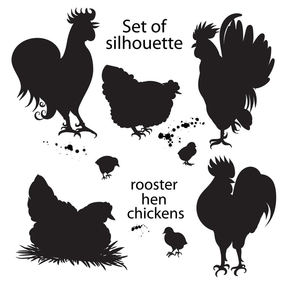conjunto de silhueta negra de galos, galinhas e galinhas... doodle desenhado à mão vetor