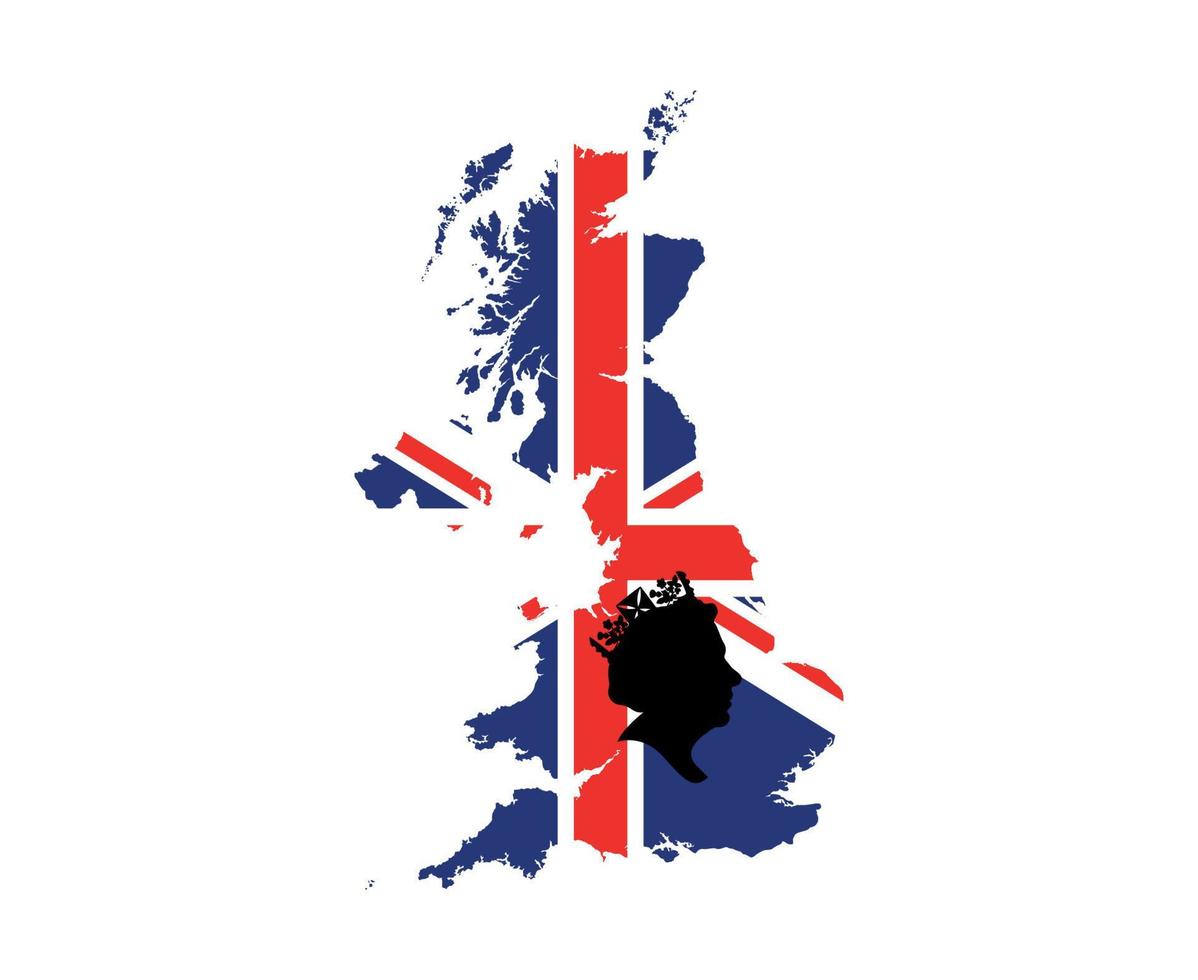 rainha elizabeth rosto preto com bandeira britânica do reino unido nacional europa emblema mapa ícone ilustração vetorial elemento de design abstrato vetor