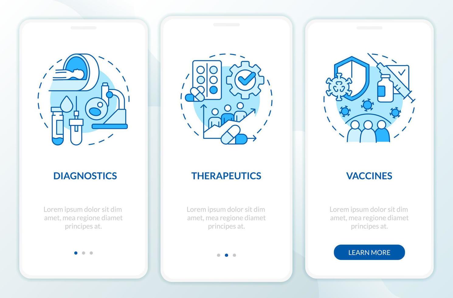 tela de aplicativo móvel de integração azul do estudo clínico de preparação para pandemia. instruções gráficas editáveis passo a passo 3 com conceitos lineares. ui, ux, modelo de gui. vetor