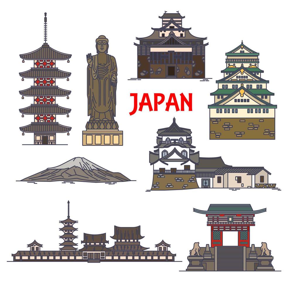 marcos de viagem do ícone de linha fina colorida do japão vetor