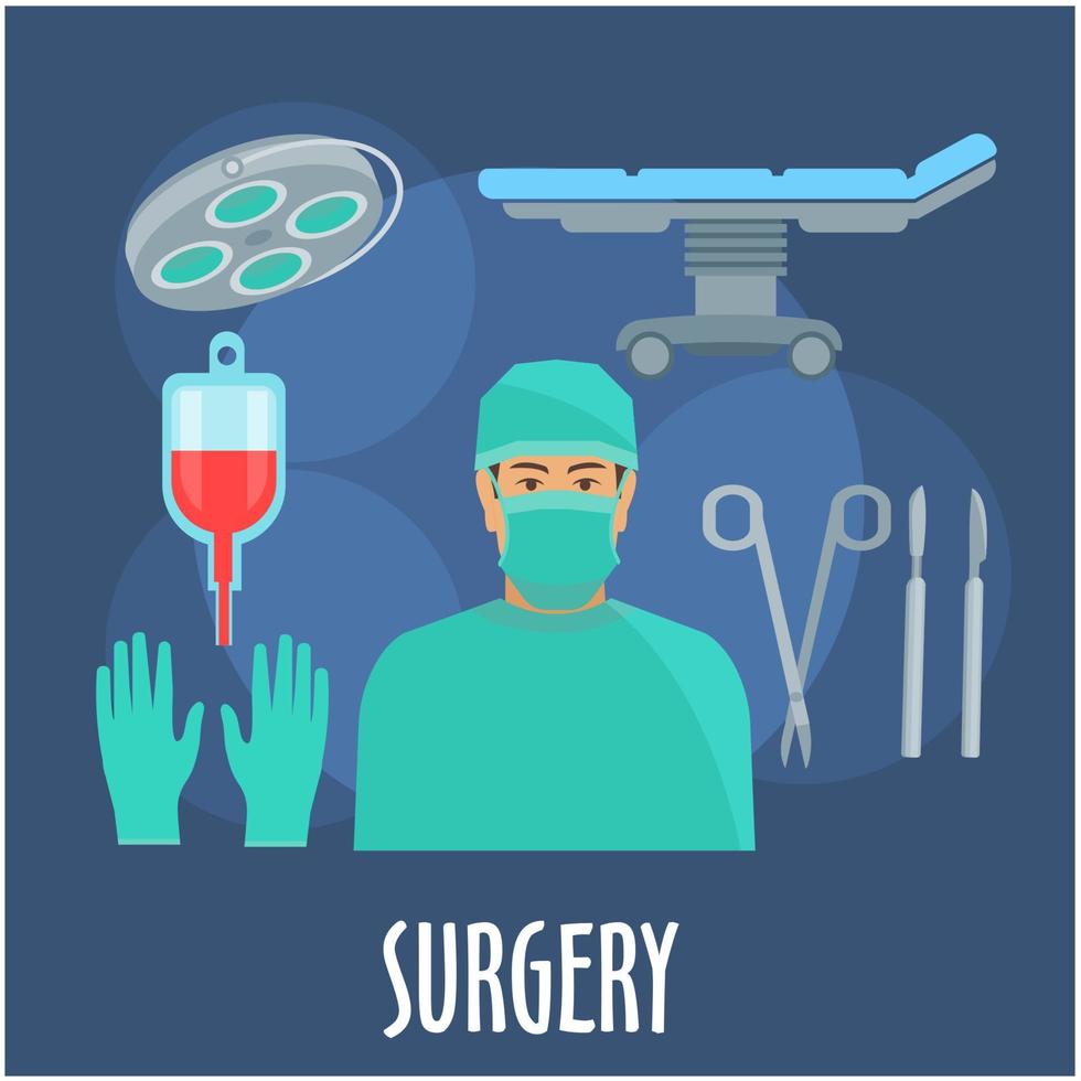 cirurgião na sala de cirurgia com ícone de instrumentos vetor