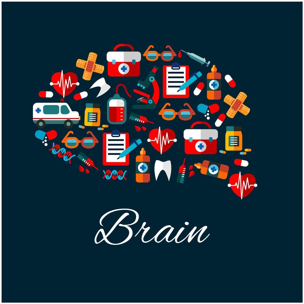 cérebro com ícones planos médicos e de saúde vetor