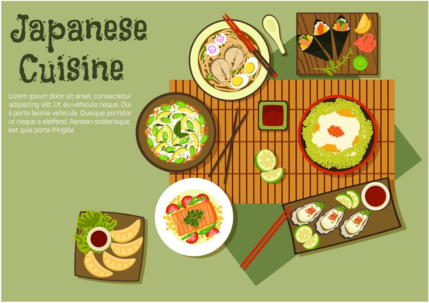 pratos orientais de frutos do mar do ícone da cozinha japonesa vetor