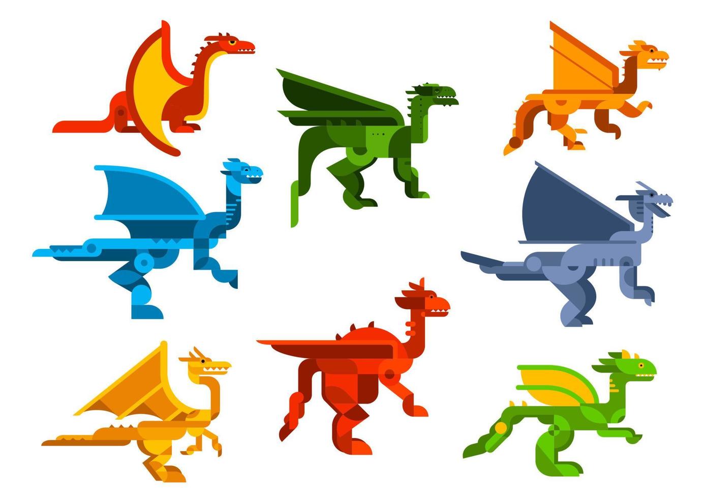 ícones planos de dragões voadores dos desenhos animados vetor