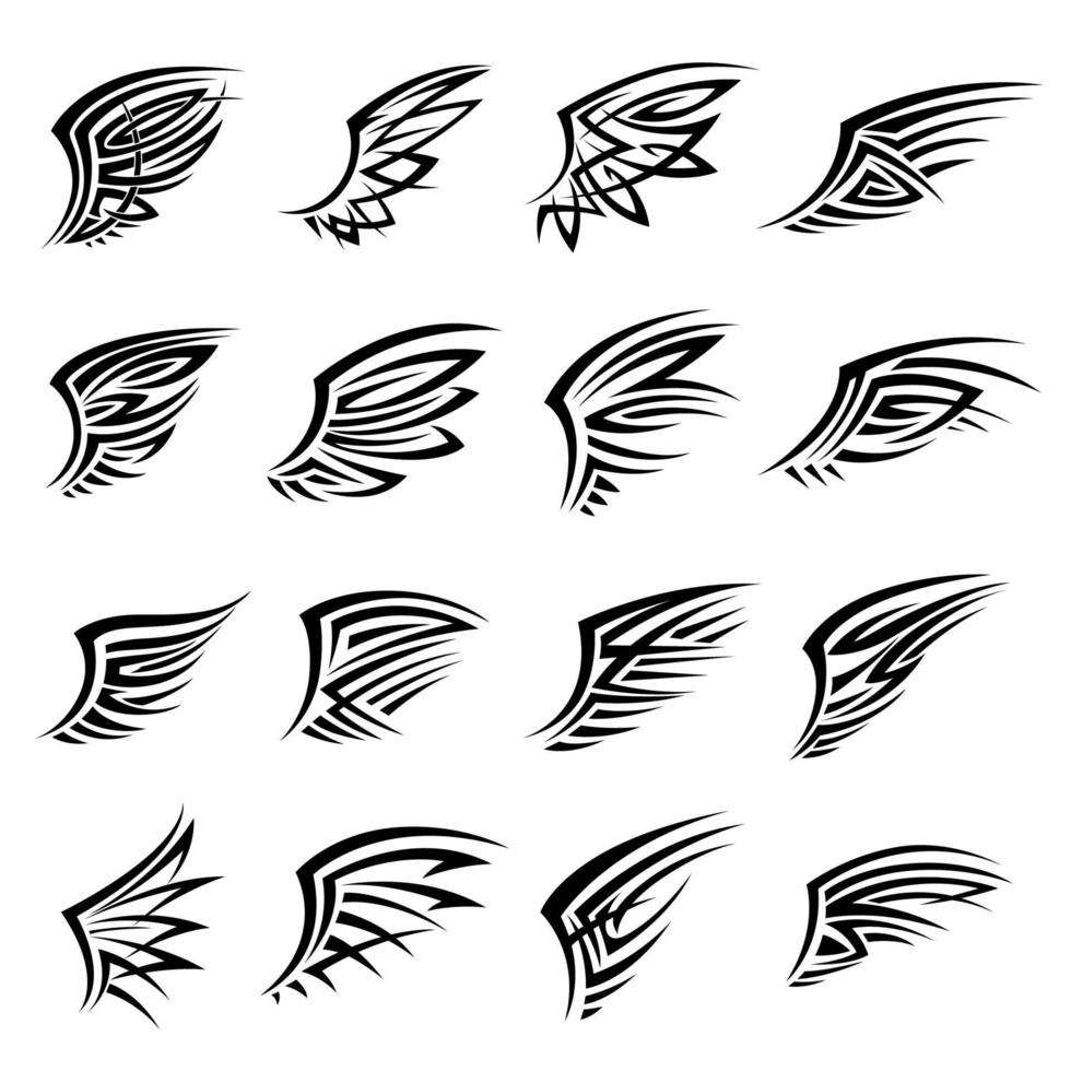 ícones ou tatuagens de asas isoladas tribais pretas vetor