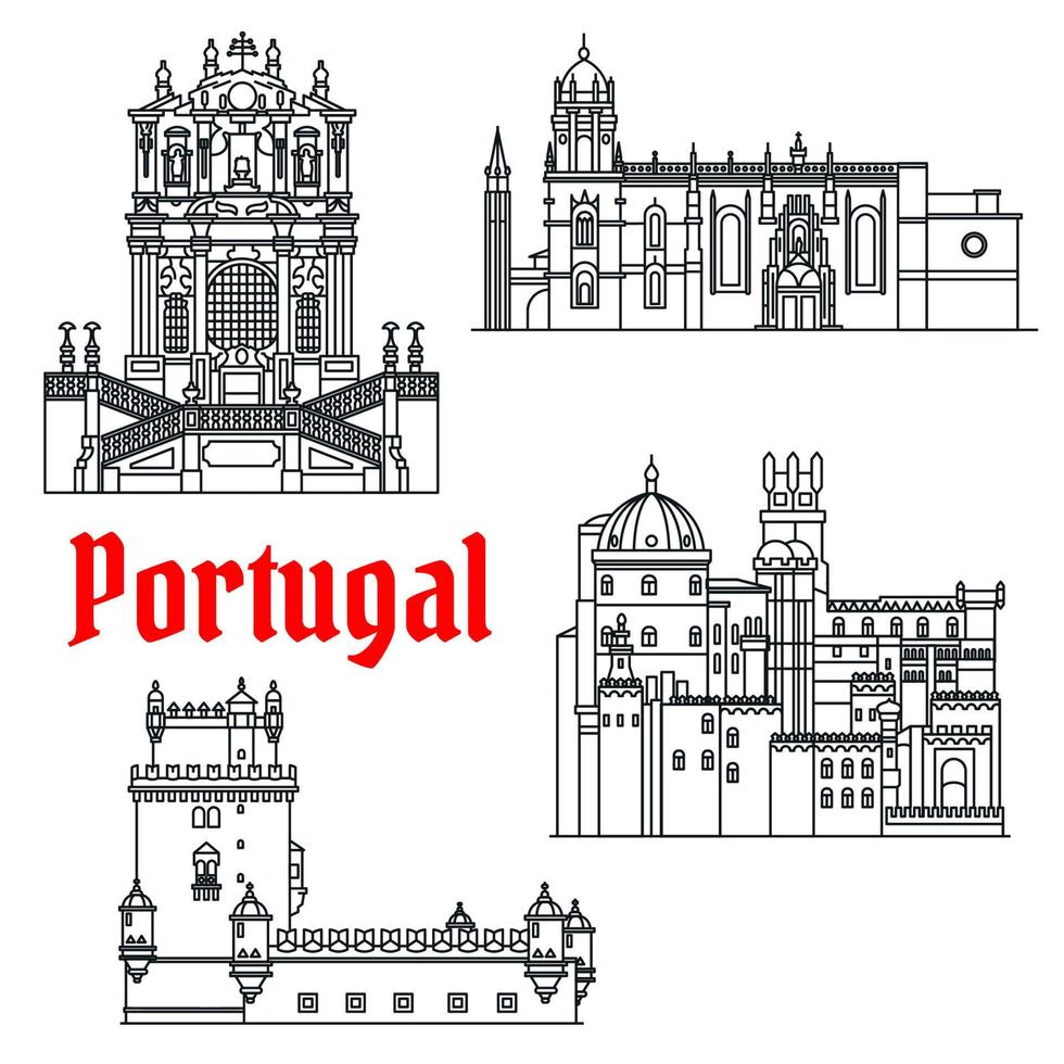 pontos turísticos históricos de viagens de portugal ícone linear vetor