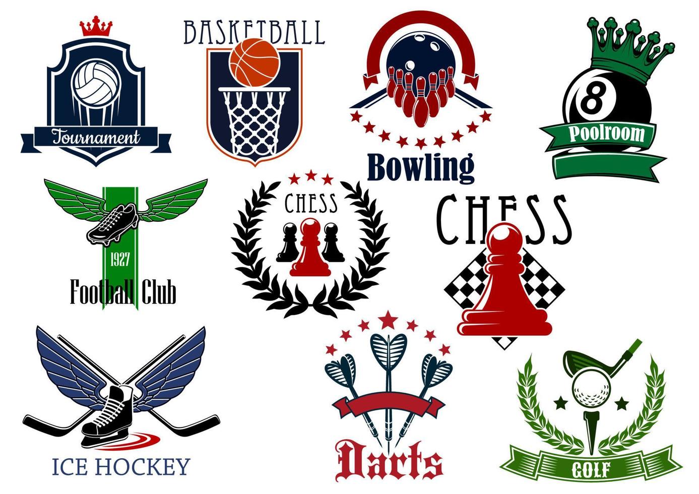 emblemas heráldicos de jogos esportivos com itens vetor