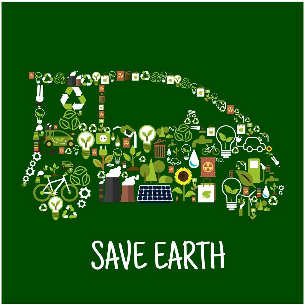 silhueta de carro ecológico com ícones planos de energia verde vetor