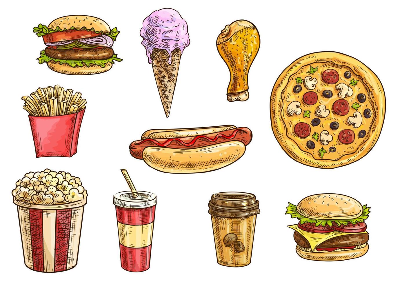 conjunto de esboços de ícones de lanches e bebidas de fast food vetor