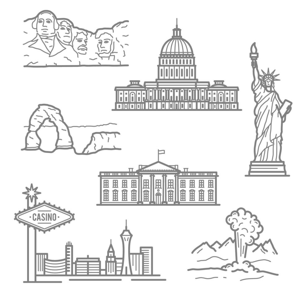 marcos nacionais de ícones dos eua em estilo de linha fina vetor