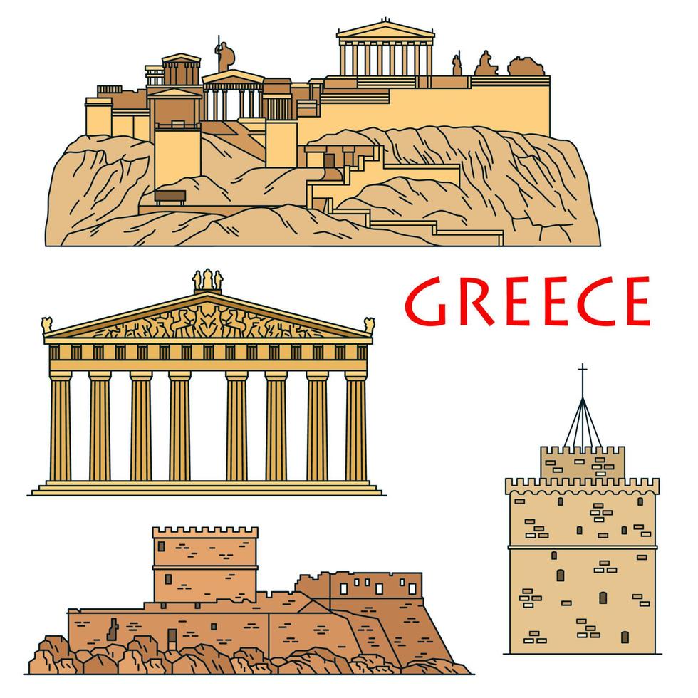 marcos de viagens gregos antigos ícones de linha fina vetor