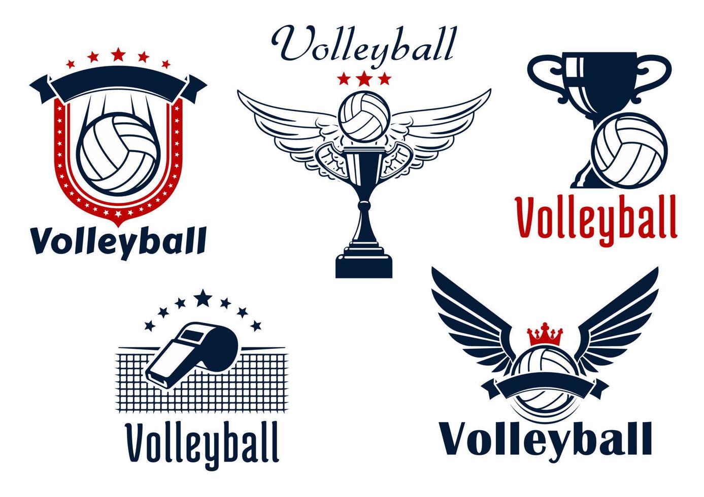 emblemas de jogo de vôlei com itens esportivos vetor