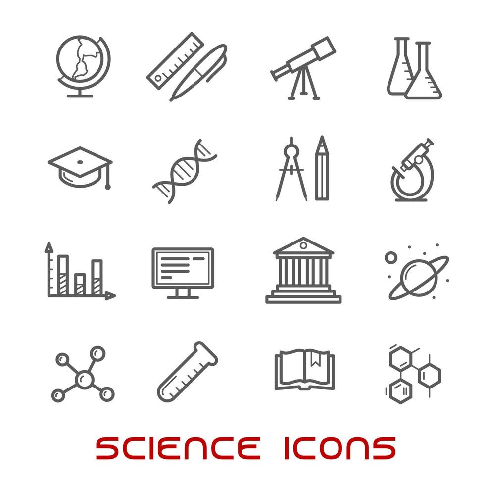 ícones de linha fina ciência e educação vetor