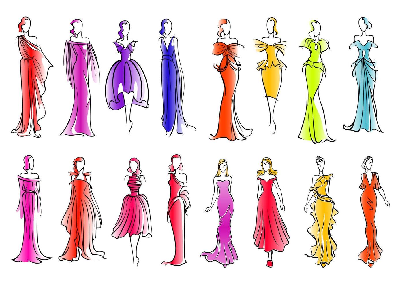 modelos de moda em vestidos coloridos, estilo de desenho vetor