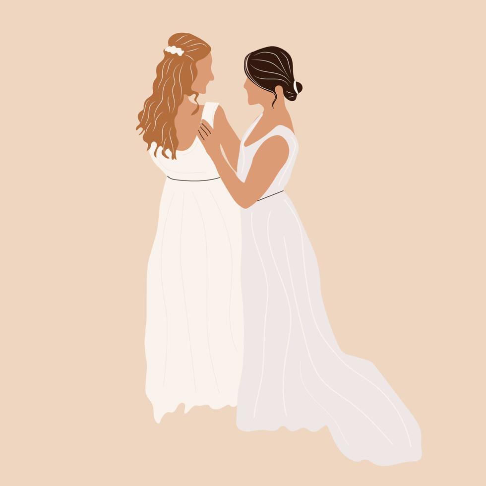 casamento de casal de lésbicas. casamento homossexual. noivas em vestido de recém-casados lgbt. ilustração vetorial plana isolada no fundo branco vetor