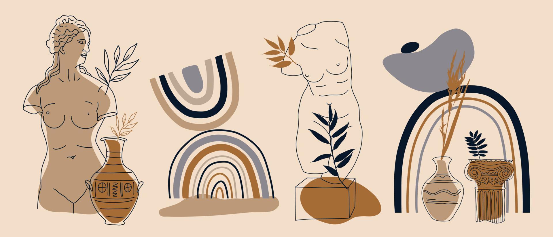 conjunto de ilustração boho abstrata com estátua antiga, formas geométricas e florais. vetor estilo de minimalismo boho de fundo contemporâneo