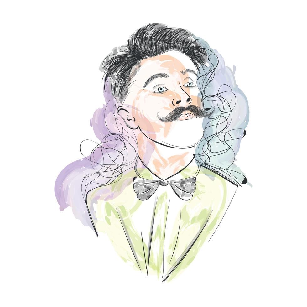 esboço em aquarela isolado de um hipster com ilustração vetorial de gravata borboleta e bigode vetor