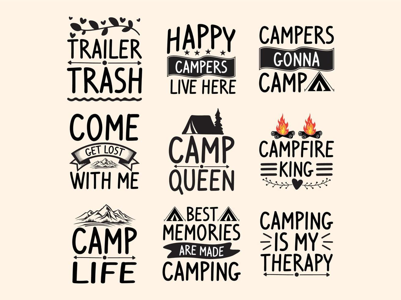 conjunto de design de camiseta de acampamento vetor