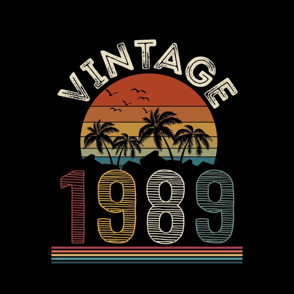 design de camiseta retrô vintage de 1989, vetor, fundo preto vetor