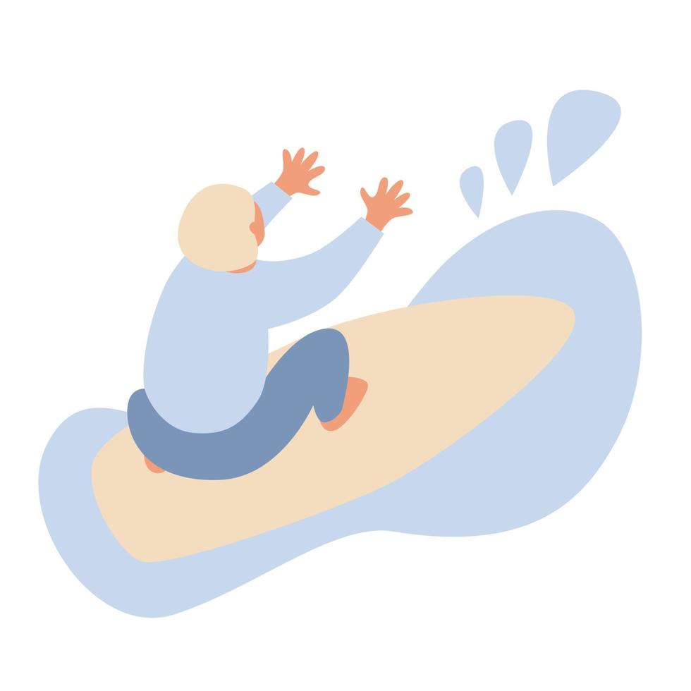 personagem de surfista em roupa de mergulho andando na onda do mar. esporte aquático de verão com prancha de surf, clube de surf ou escola, ilustração vetorial de hobby ativo vetor