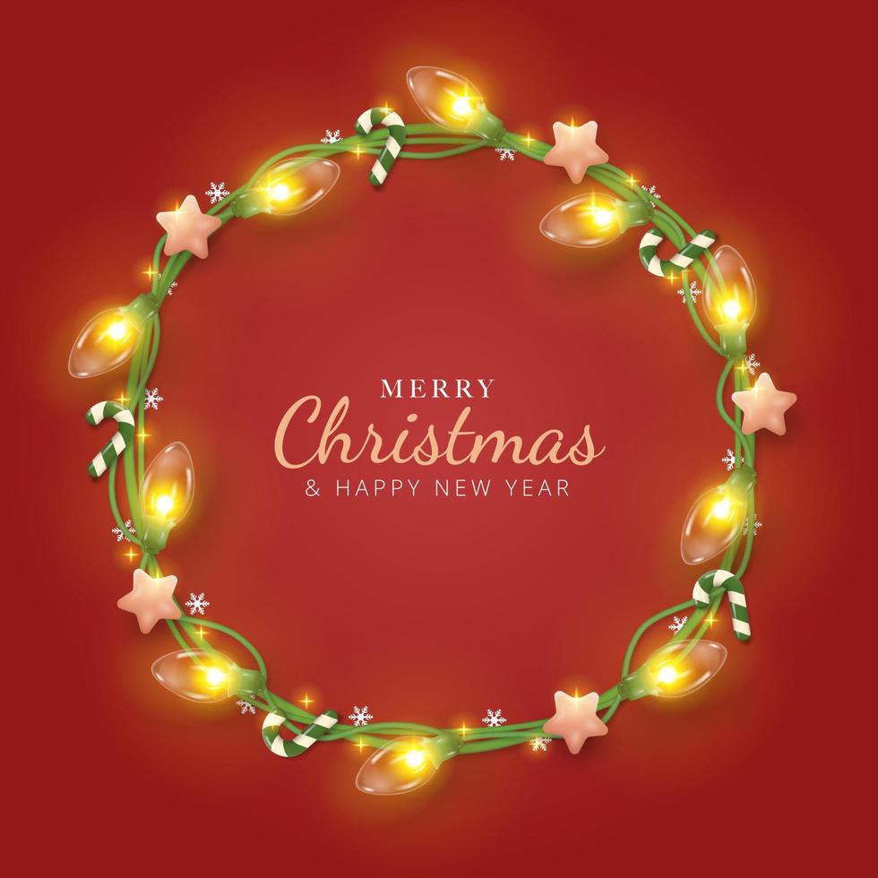 fundo de feliz natal com decoração realista rodada de luz de corda, estrelas e doces de natal. cartões de feliz natal. ilustração vetorial vetor