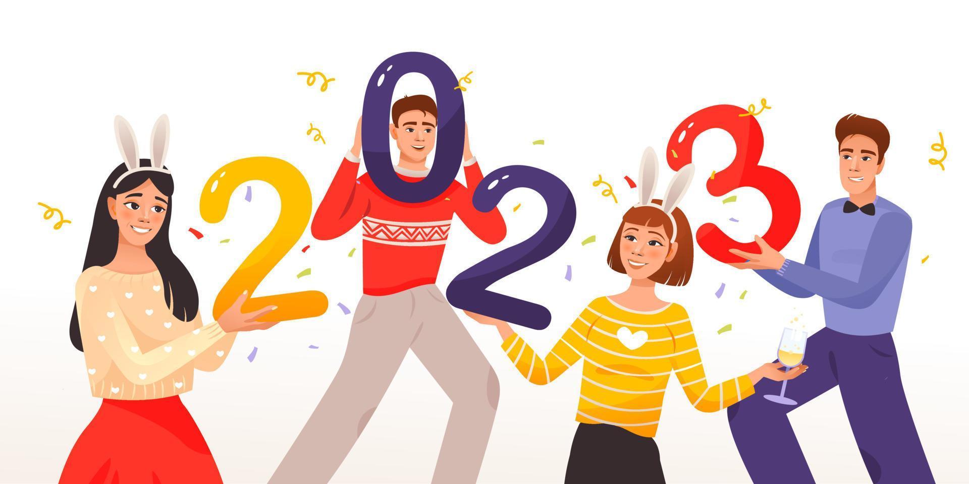 pessoas segurando os números do ano novo de 2023 nas mãos. pessoas felizes comemorando o início do ano novo. ilustração vetorial de desenho animado vetor