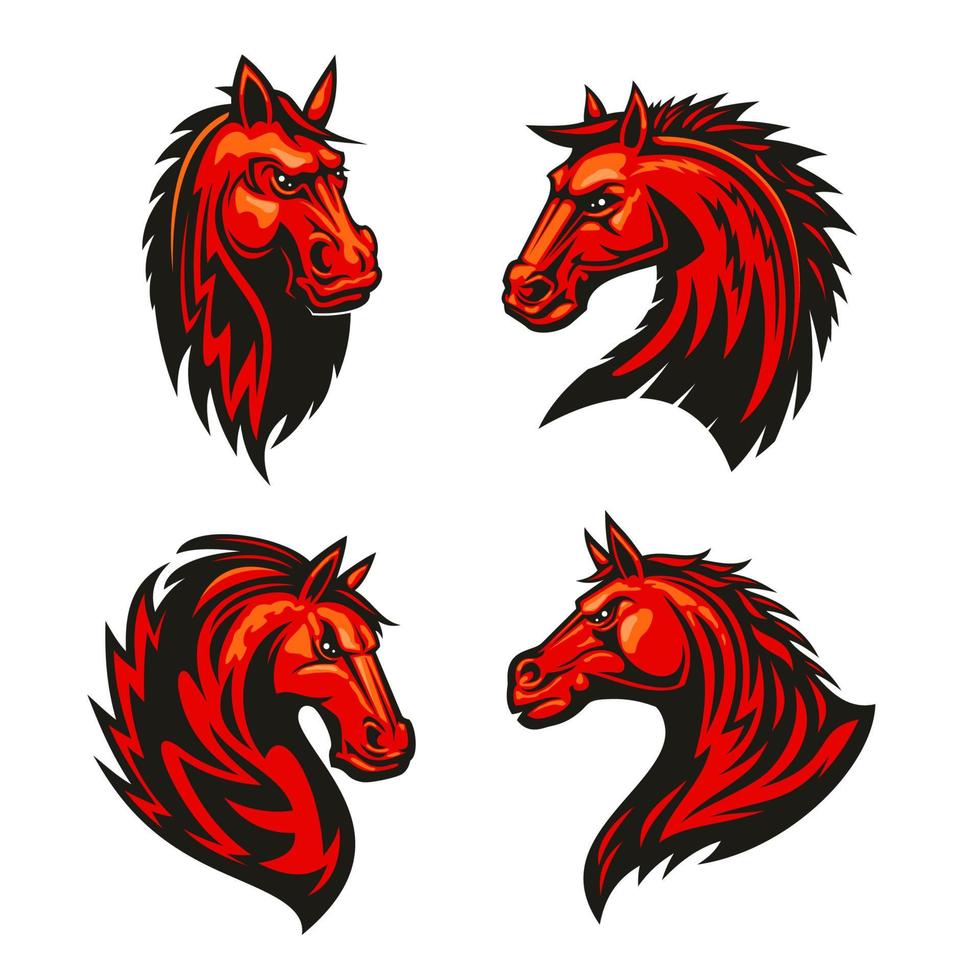 mascotes de cavalos de fogo com ornamentos de chamas tribais vetor