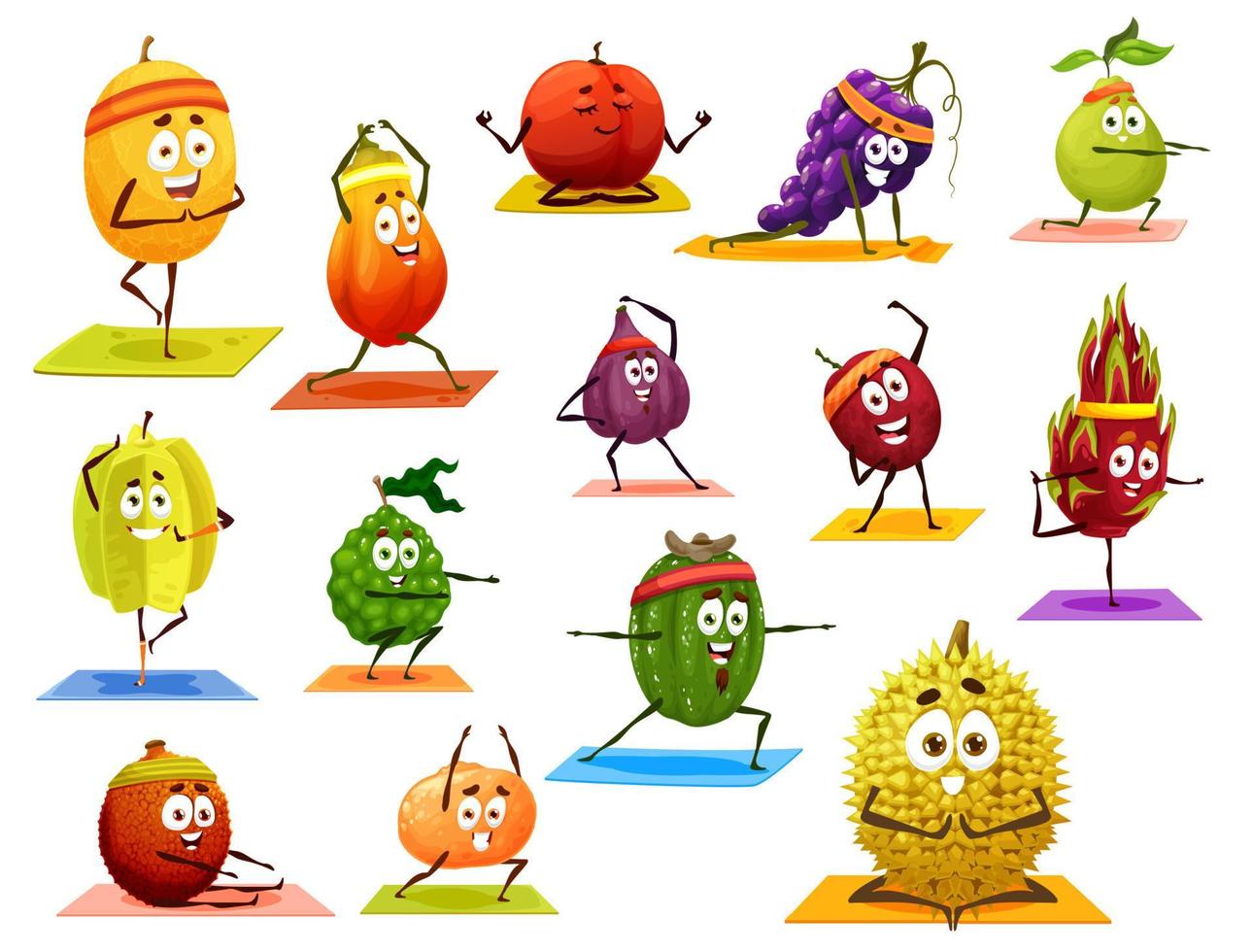 personagens de desenhos animados de frutas fazendo ioga e fitness vetor