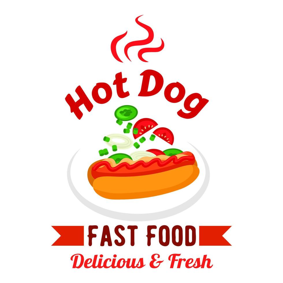 cachorro-quente de fast food com distintivo de legumes frescos vetor