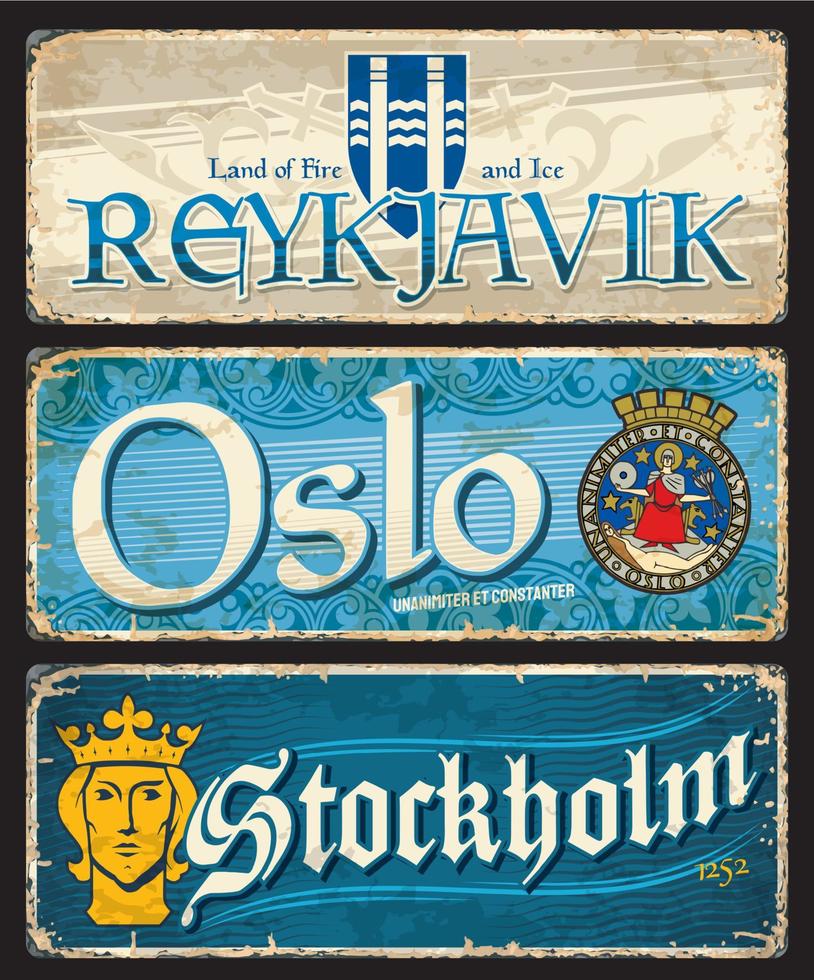 adesivos de viagem da cidade de oslo, estocolmo, reykjavik vetor