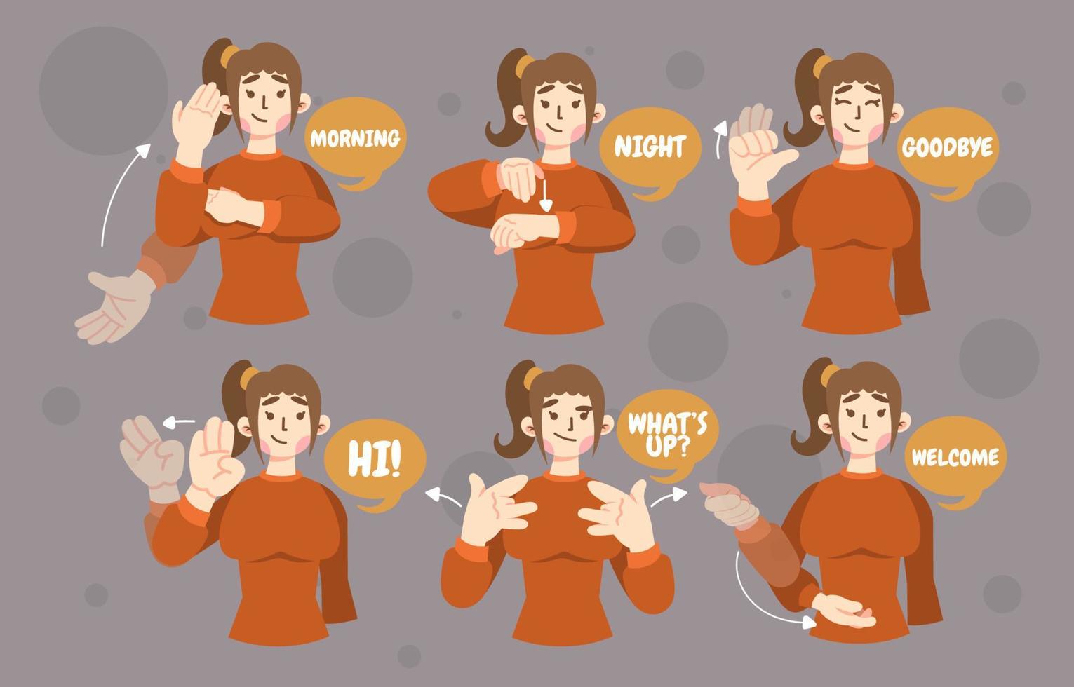 saudação em linguagem de sinais com personagem de mulher vetor