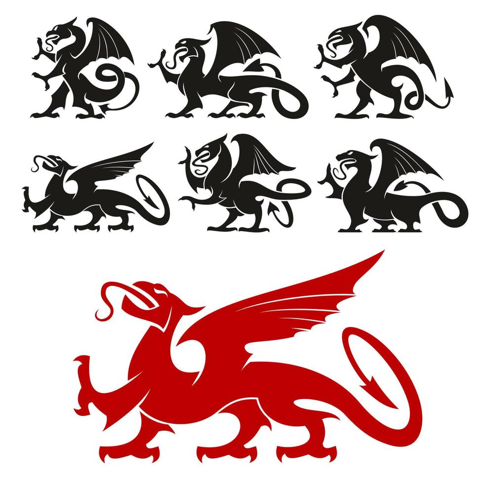 grifo heráldico e silhuetas de dragão mítico vetor