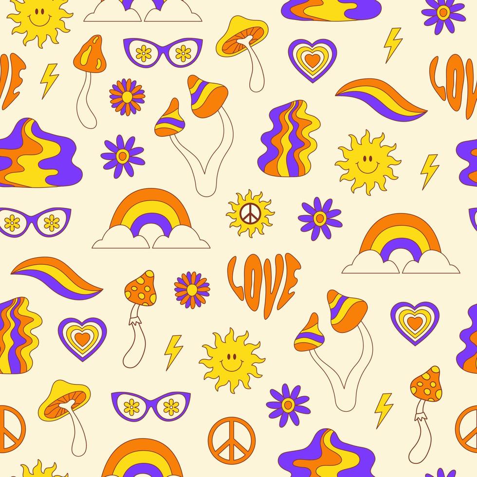 padrão sem emenda groovy retrô com elementos hippie sobre um fundo claro. ilustração vetorial no estilo anos 70, 80 vetor