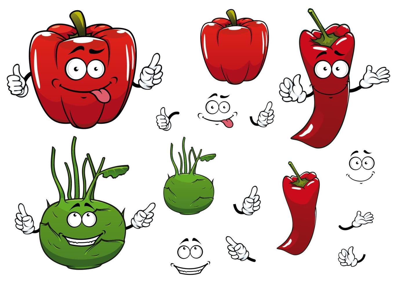 desenhos animados de couve-rábano, pimentão e legumes de pimenta vermelha vetor