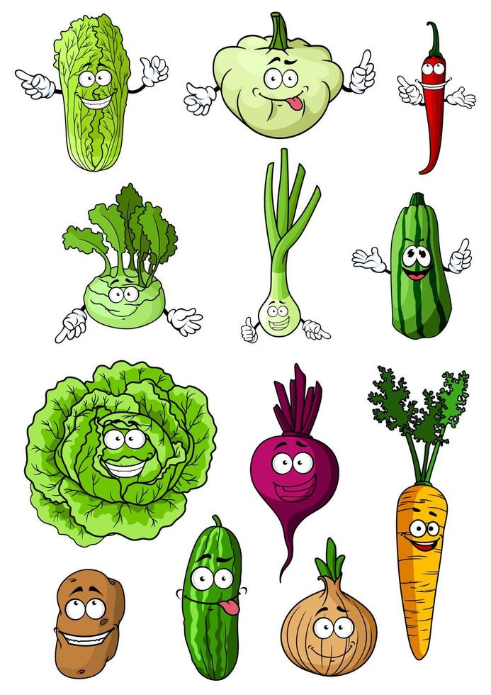 personagens de vegetais de desenhos animados frescos felizes vetor