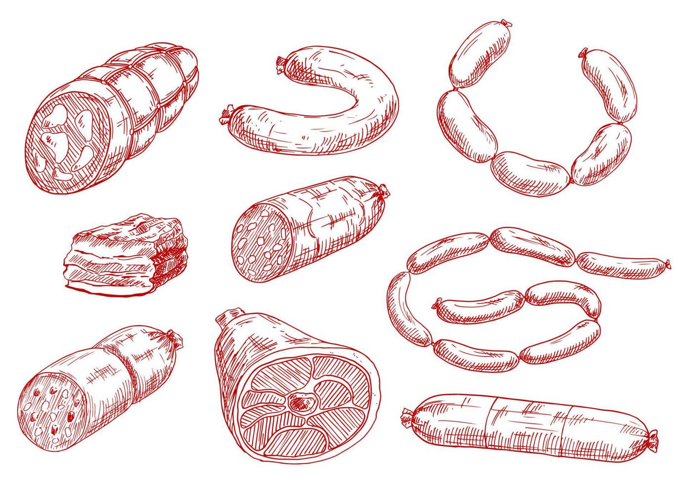 ícones de esboço vermelho de produtos de carne frescos e saborosos vetor